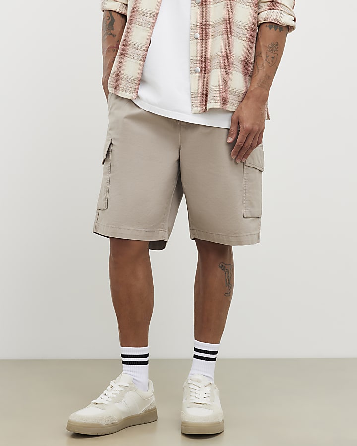 Beige Regular Fit Crosshatch Cargo Shorts