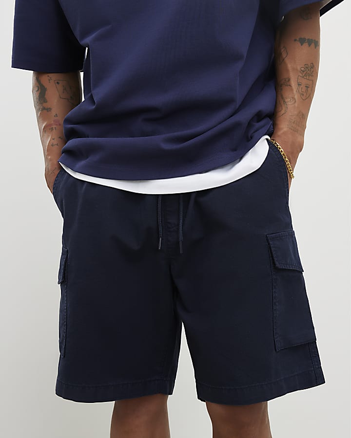 Navy Regular Fit Crosshatch Cargo Shorts