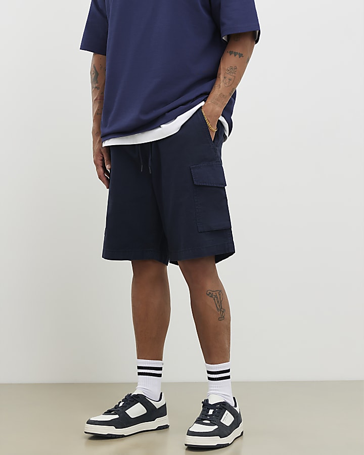 Navy Regular Fit Crosshatch Cargo Shorts