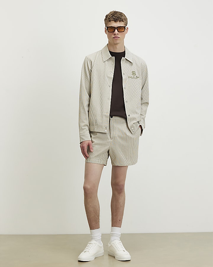 White Slim Fit Textured Stripe Shorts