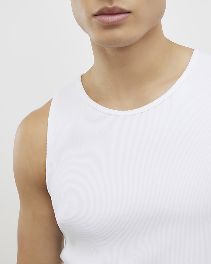 White Muscle Fit Ribbed Vest