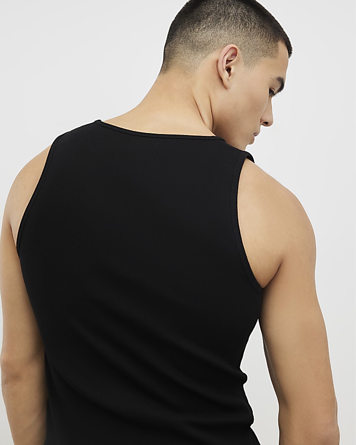 Black Muscle Fit Ribbed Vest
