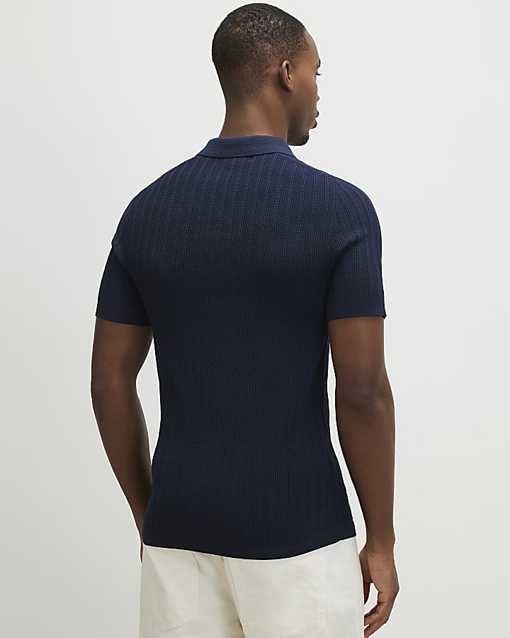 Navy Muscle Fit Ribbed Quarter Zip Polo Shirt