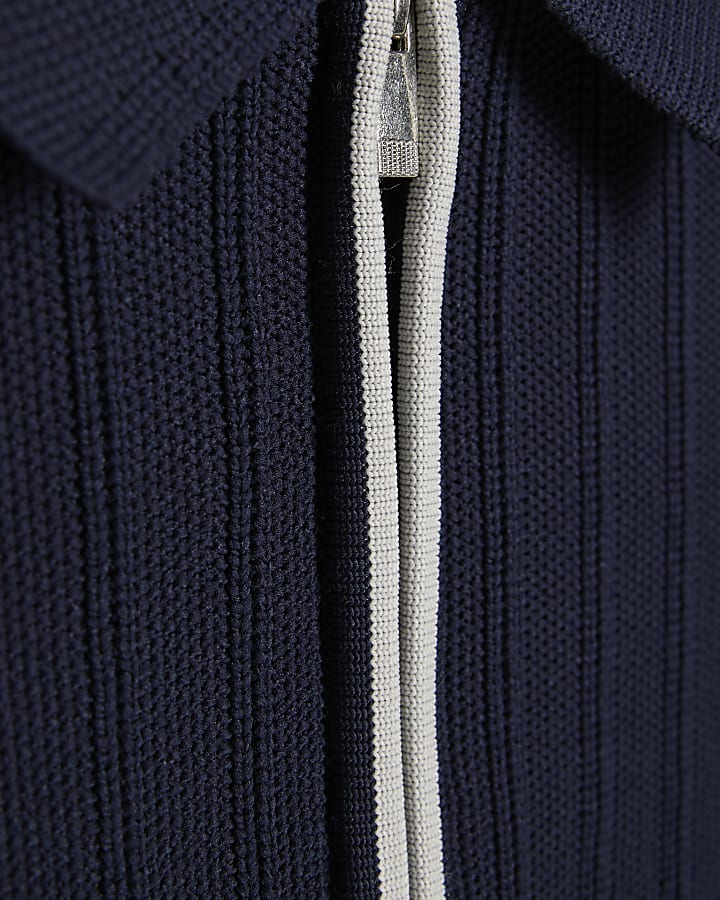 Navy Muscle Fit Ribbed Quarter Zip Polo Shirt