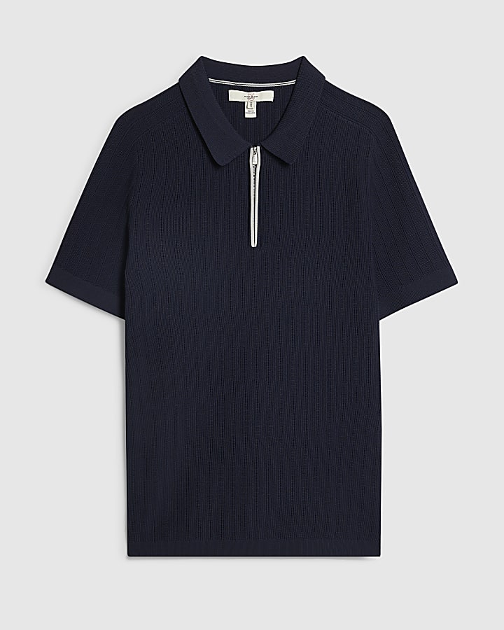 Navy Muscle Fit Ribbed Quarter Zip Polo Shirt