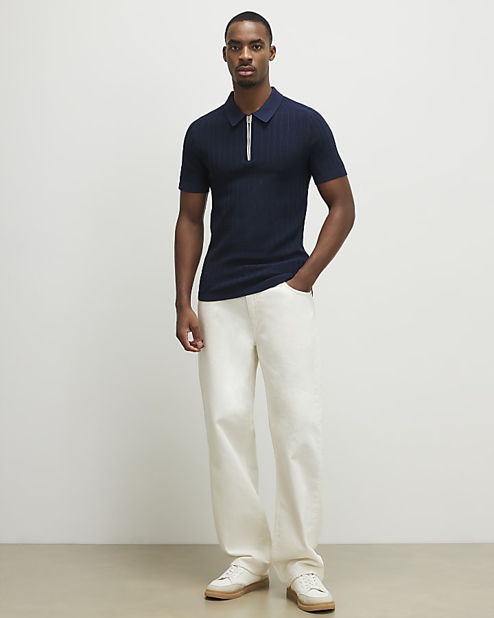 Navy Muscle Fit Ribbed Quarter Zip Polo Shirt