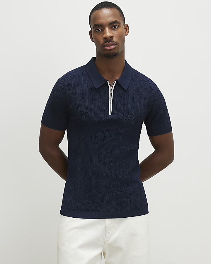 Navy Muscle Fit Ribbed Quarter Zip Polo Shirt