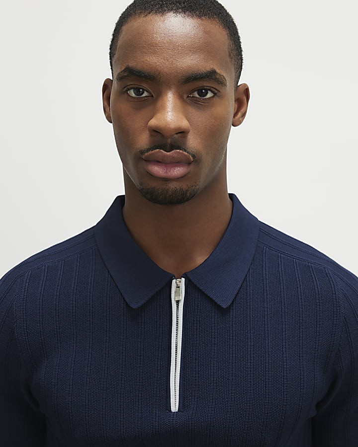 Navy Muscle Fit Ribbed Quarter Zip Polo Shirt