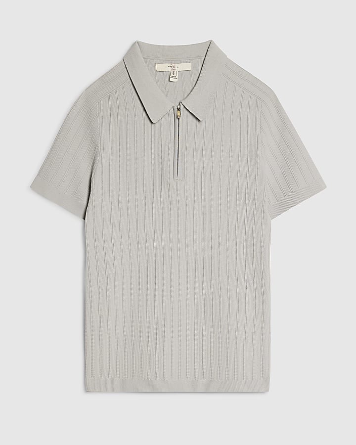 Grey Muscle Fit Ribbed Polo Shirt
