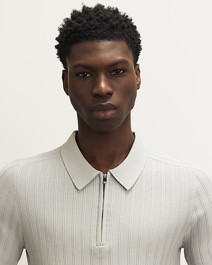 Grey Muscle Fit Ribbed Polo Shirt