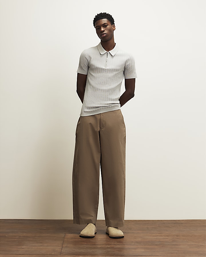 Grey Muscle Fit Ribbed Polo Shirt