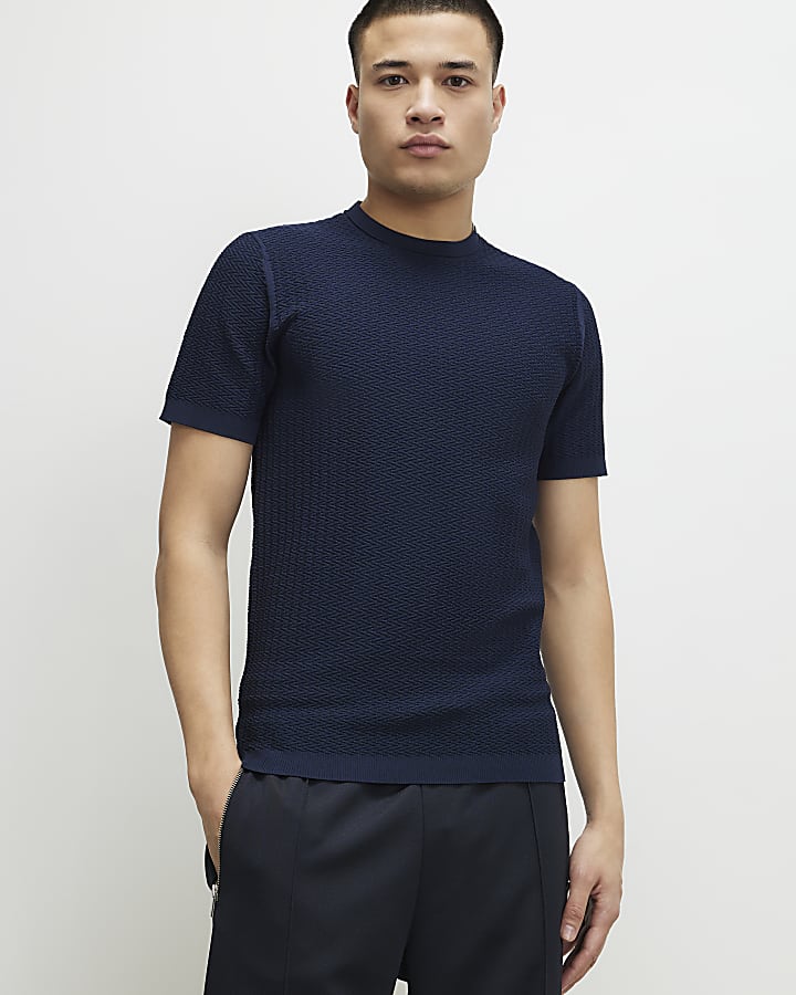Navy Muscle Fit Zig Zag Textured T-Shirt