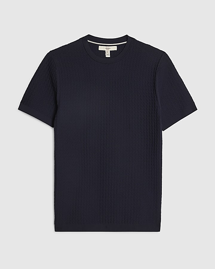 Navy Muscle Fit Zig Zag Textured T-Shirt
