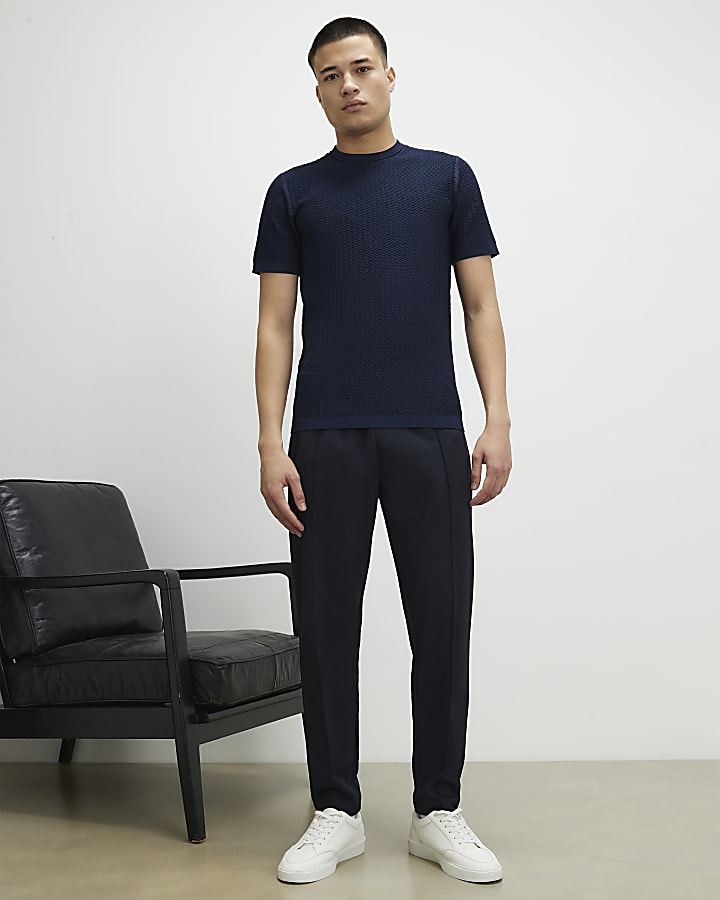 Navy Muscle Fit Zig Zag Textured T-Shirt