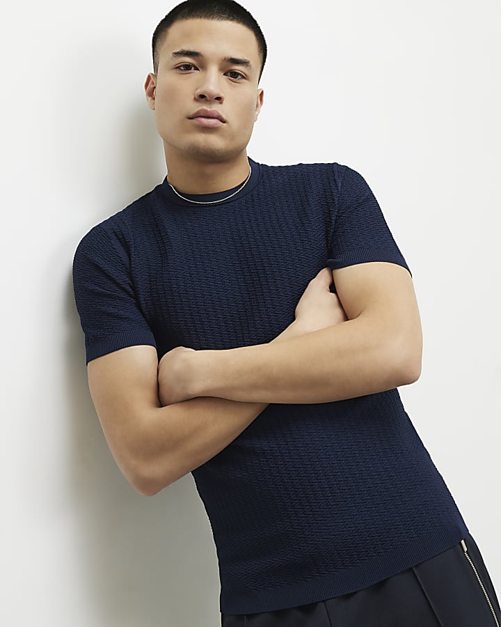 Navy Muscle Fit Zig Zag Textured T-Shirt