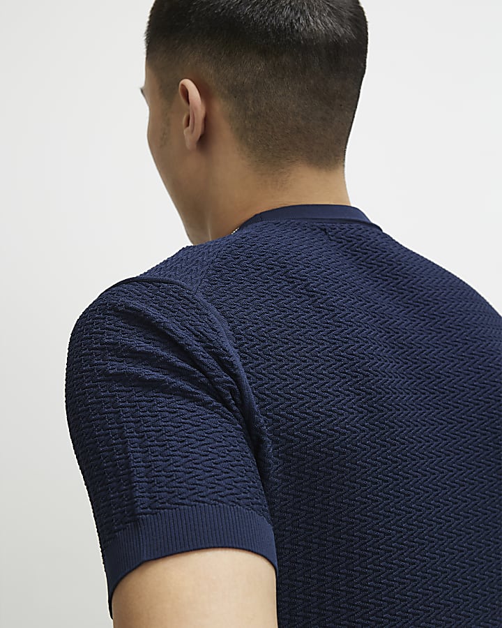 Navy Muscle Fit Zig Zag Textured T-Shirt
