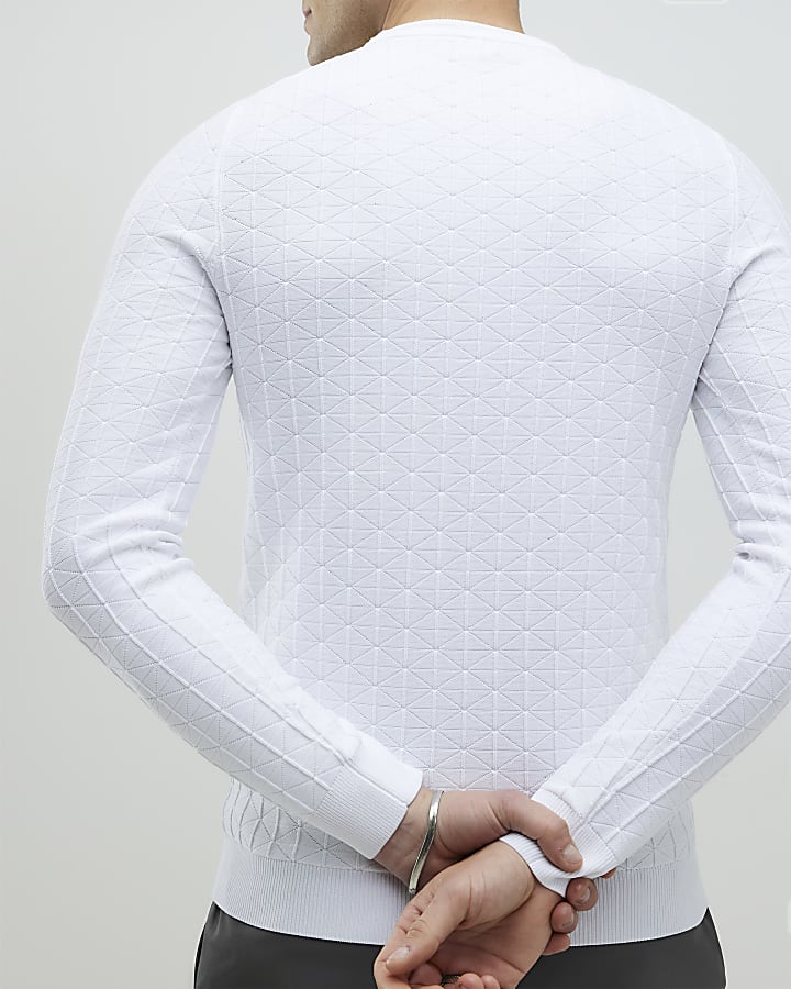 White Muscle Fit Textured Jumper