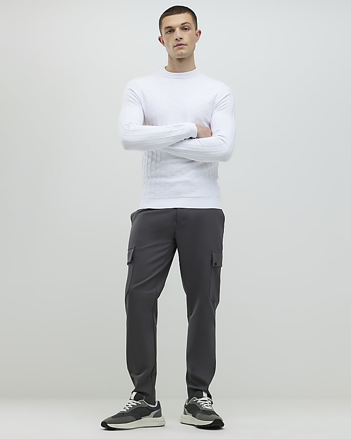 White Muscle Fit Textured Jumper