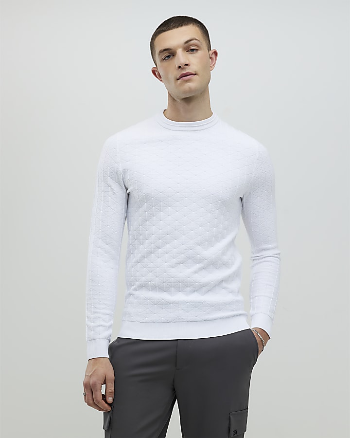 White Muscle Fit Textured Jumper