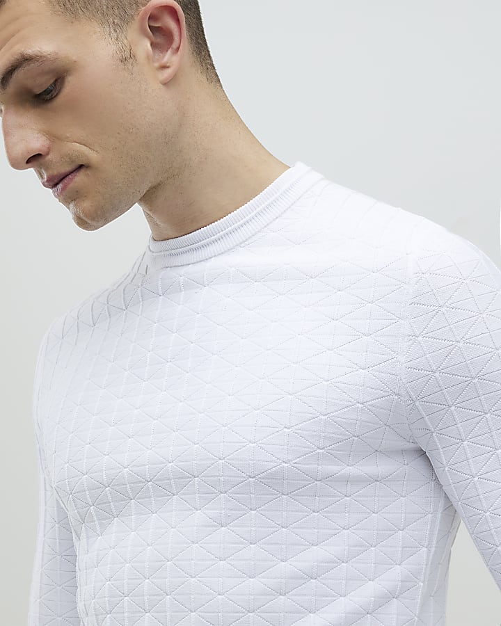 White Muscle Fit Textured Jumper