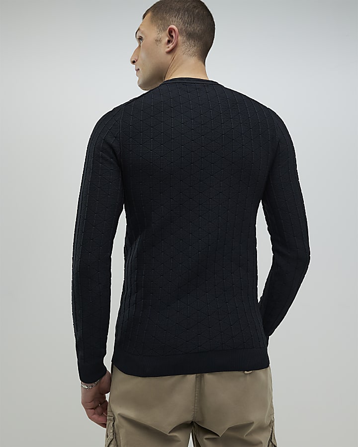 Black Muscle Fit Textured Jumper