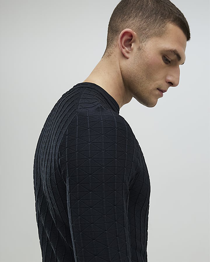 Black Muscle Fit Textured Jumper