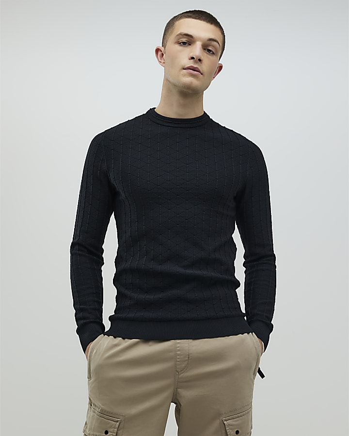 Black Muscle Fit Textured Jumper