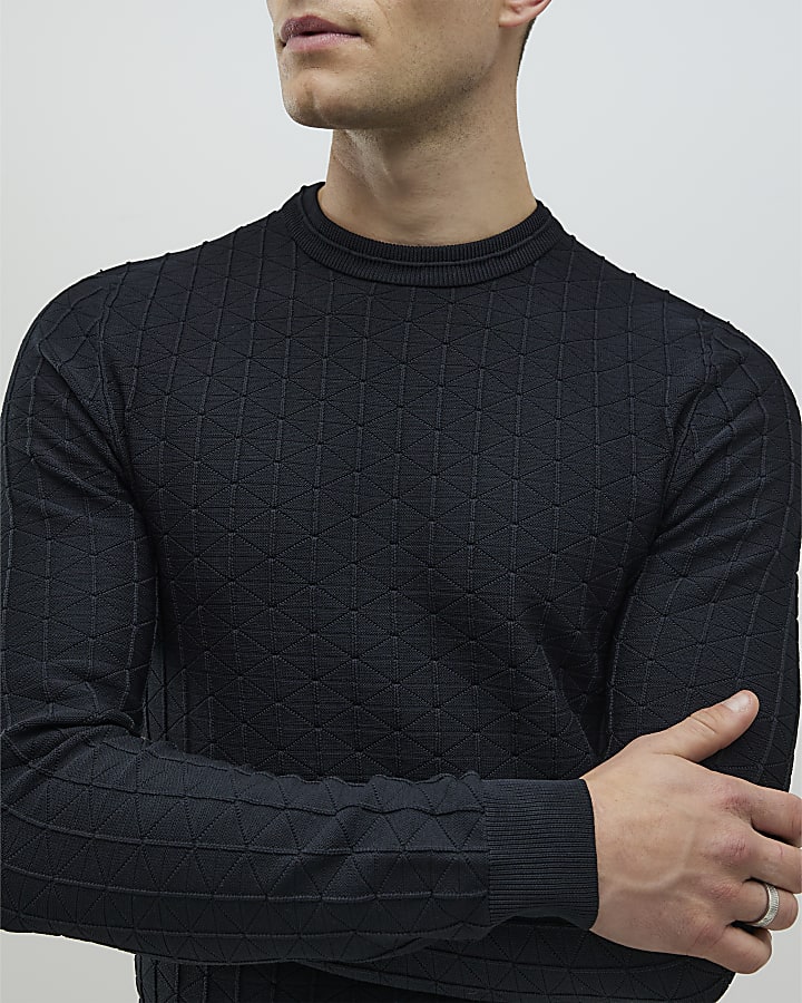 Black Muscle Fit Textured Jumper