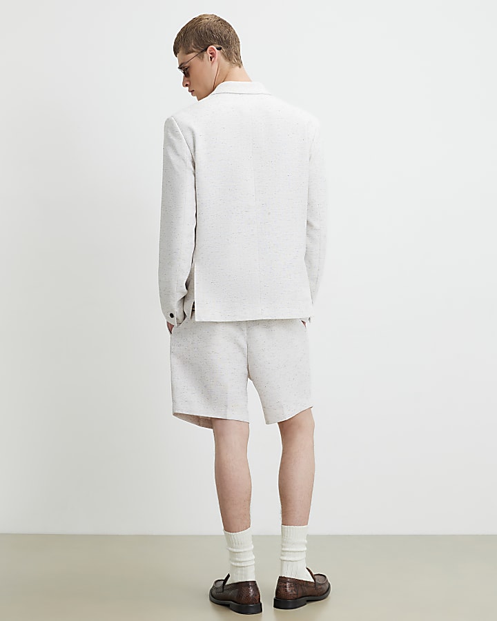 Cream Regular Fit Belted Textured Shorts