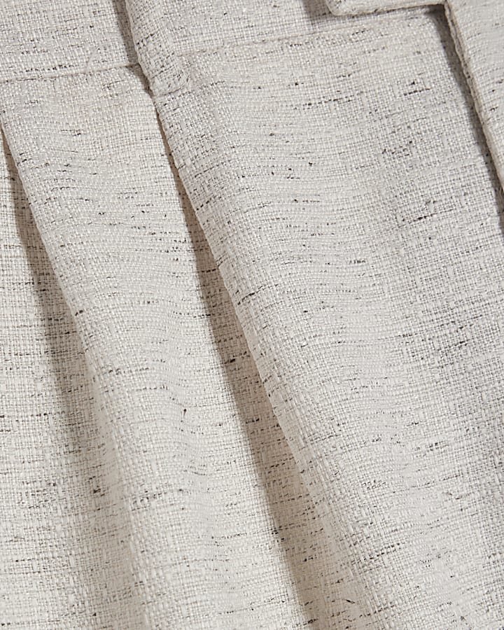 Cream Regular Fit Belted Textured Shorts