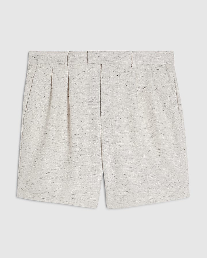 Cream Regular Fit Belted Textured Shorts