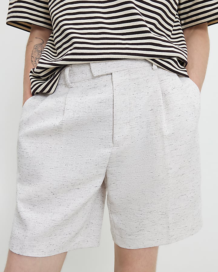 Cream Regular Fit Belted Textured Shorts