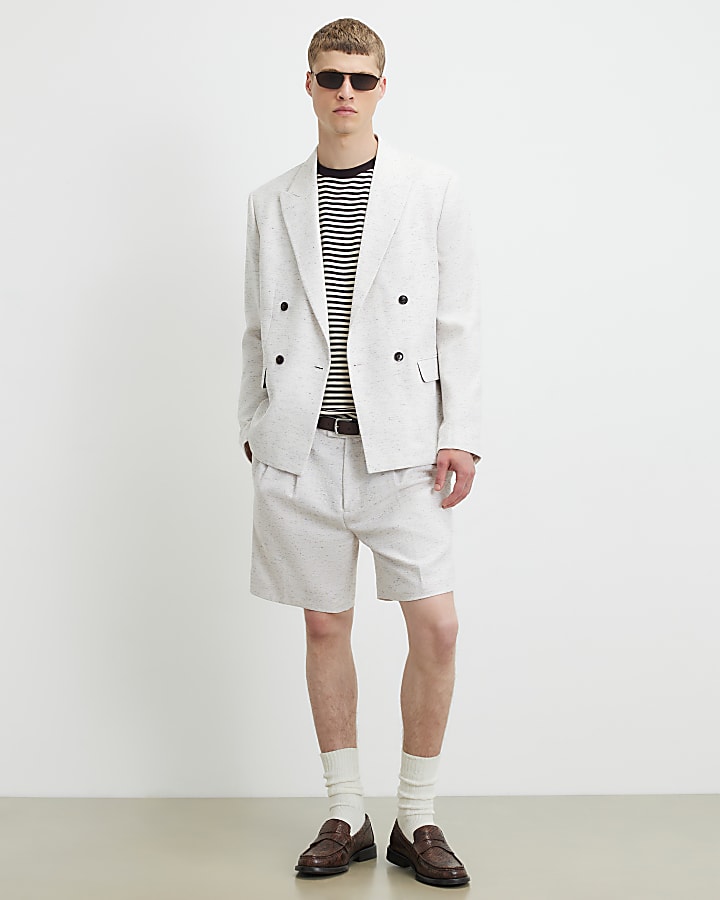 Cream Regular Fit Belted Textured Shorts