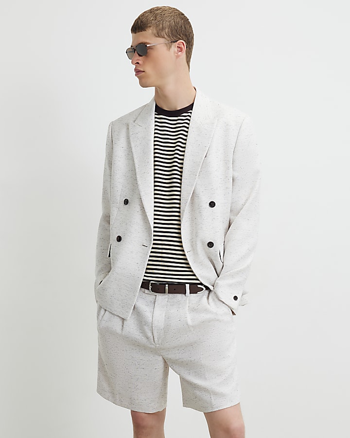 Cream Regular Fit Belted Textured Shorts