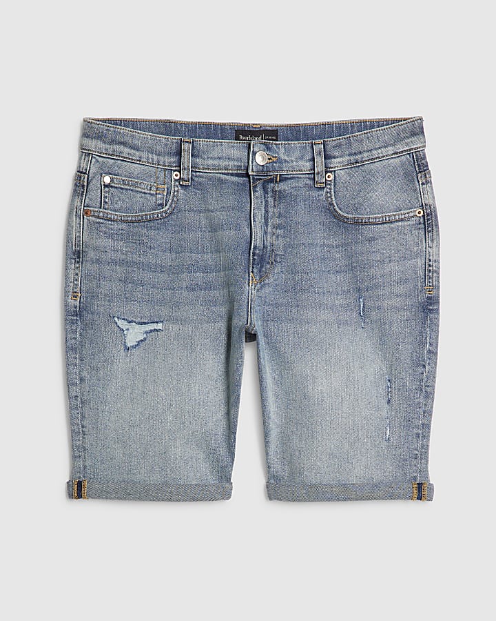 Blue Slim Fit Ripped Denim Shorts