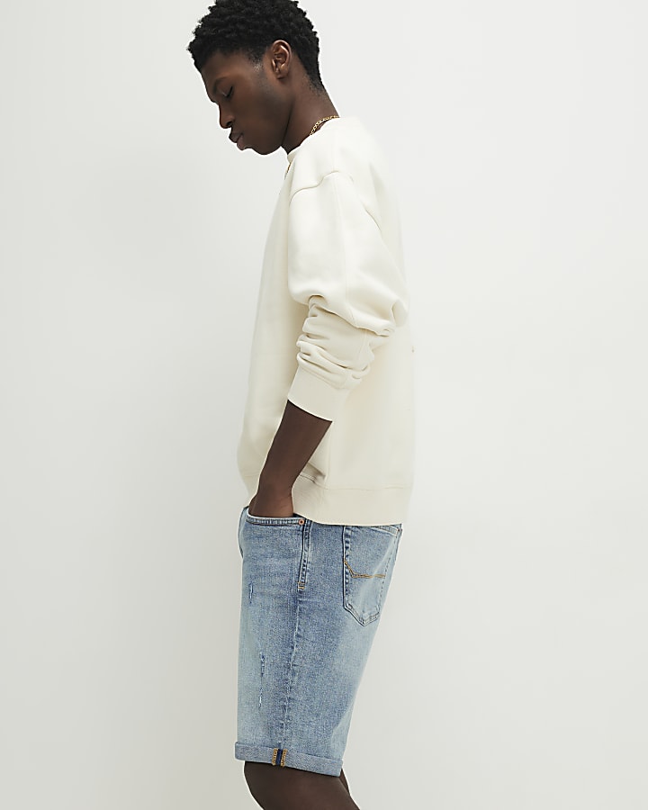 Blue Slim Fit Ripped Denim Shorts