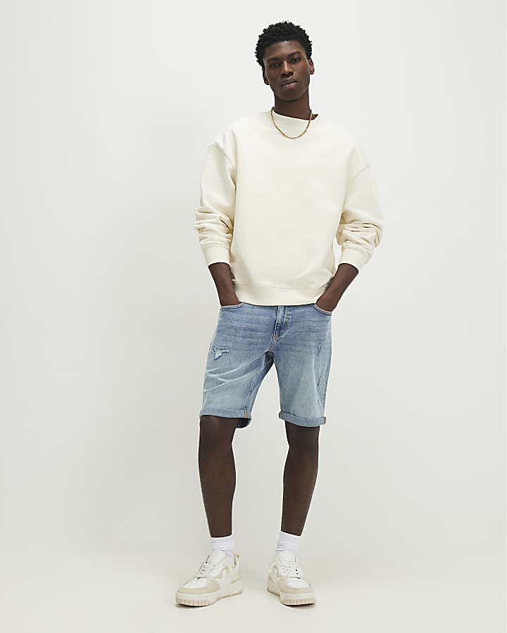 Blue Slim Fit Ripped Denim Shorts