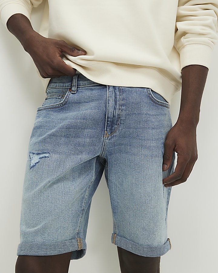 Blue Slim Fit Ripped Denim Shorts