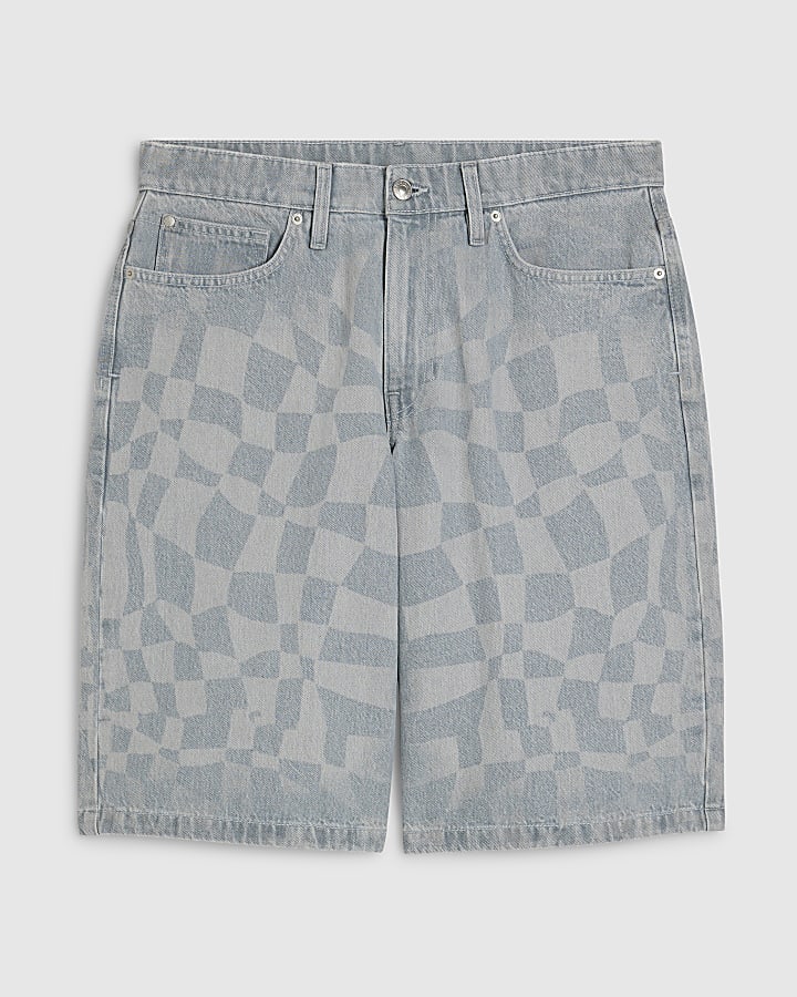 Blue Geometric Print Denim Shorts