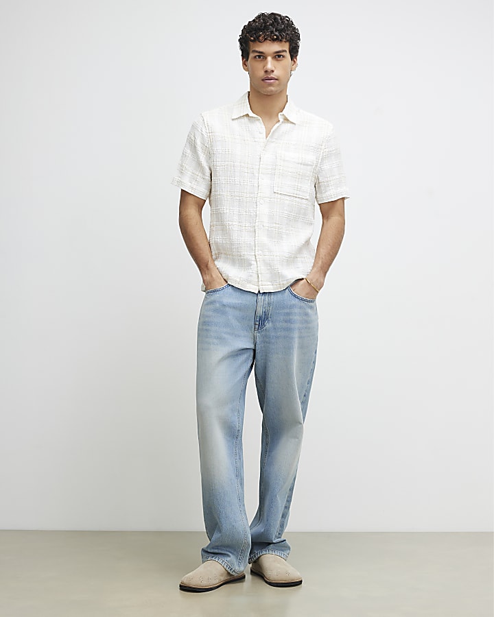 Cream Boxy Fit Textured Check Shirt