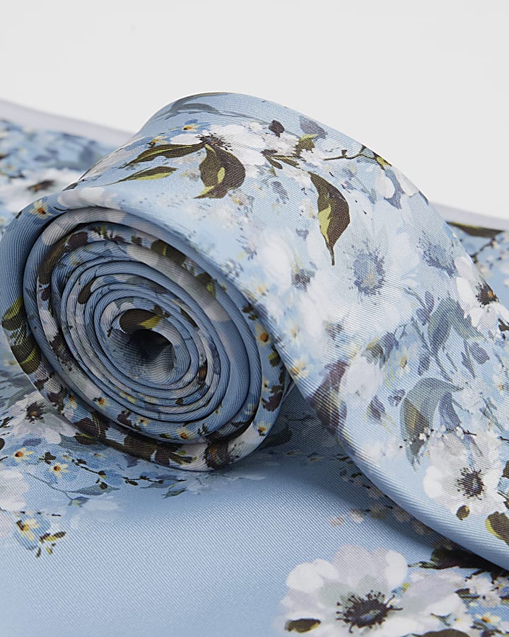Blue Floral Tie and Handkerchief Set