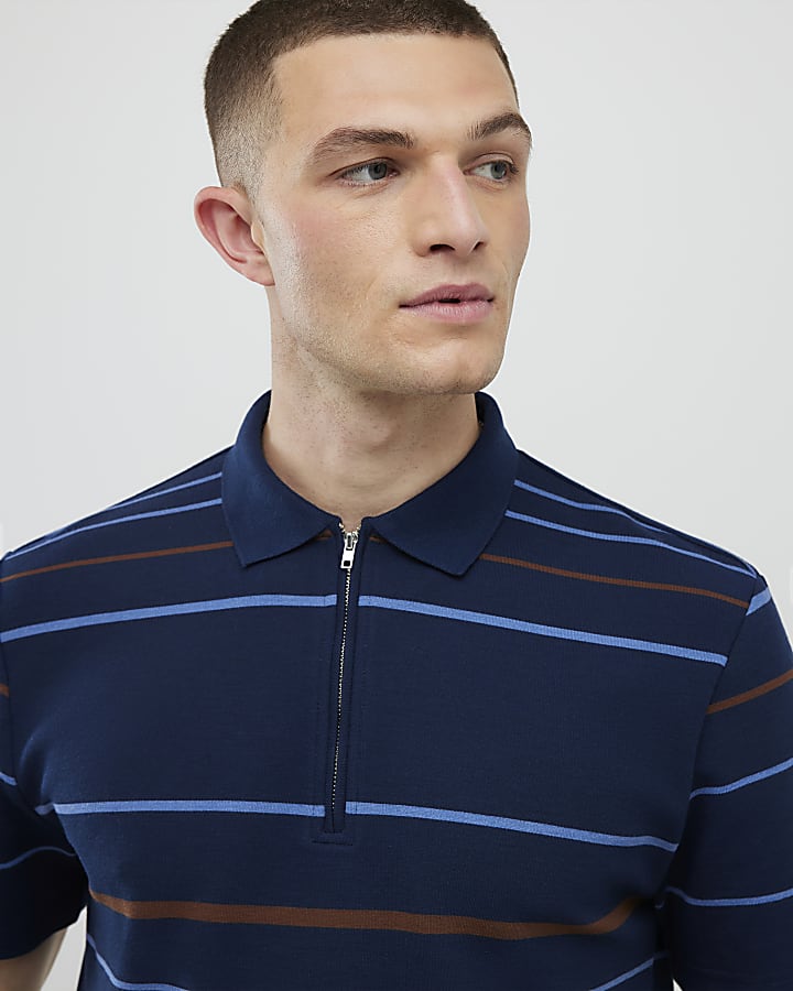 Navy Slim Fit Stripe Polo Shirt
