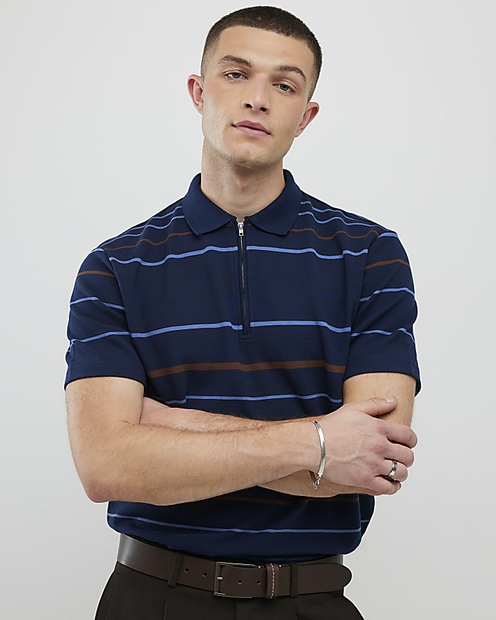 Navy Slim Fit Stripe Polo Shirt