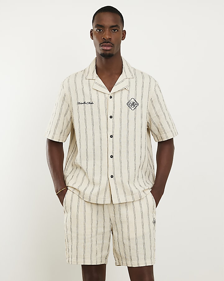 Cream Regular Fit Stripe Pull On Shorts