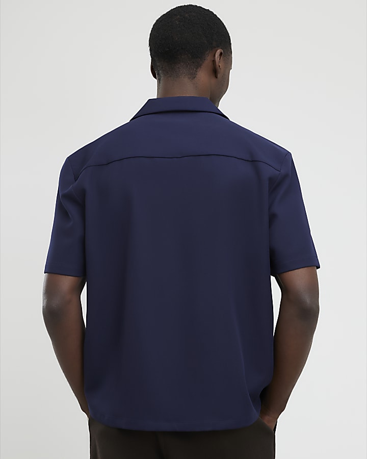 Navy Regular Fit Floral Embroidered Shirt