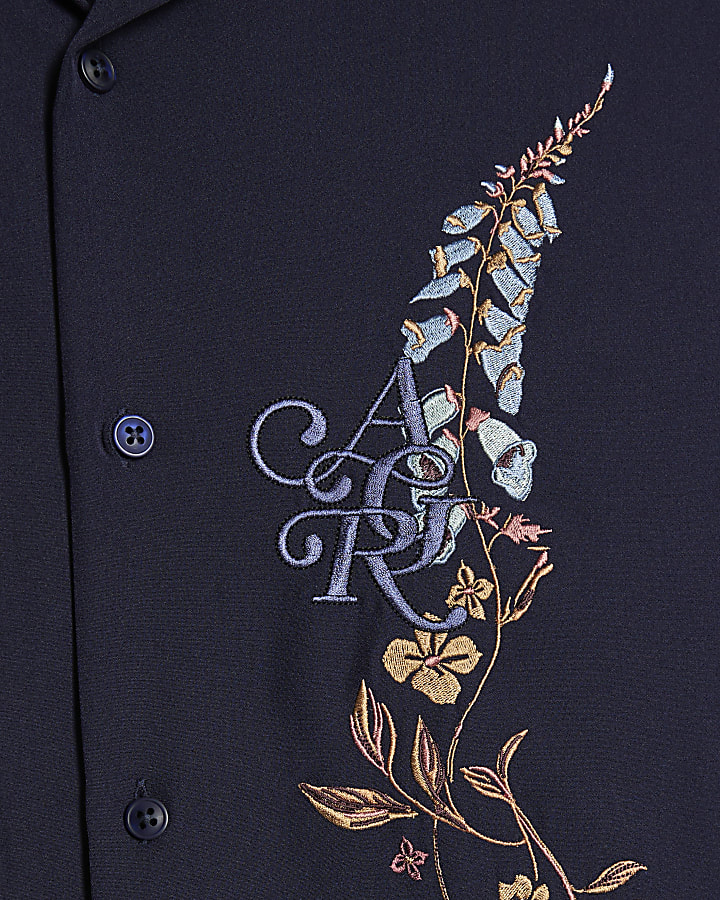 Navy Regular Fit Floral Embroidered Shirt