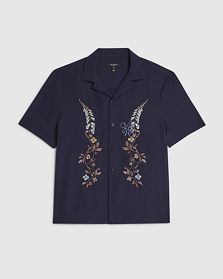 Navy Regular Fit Floral Embroidered Shirt