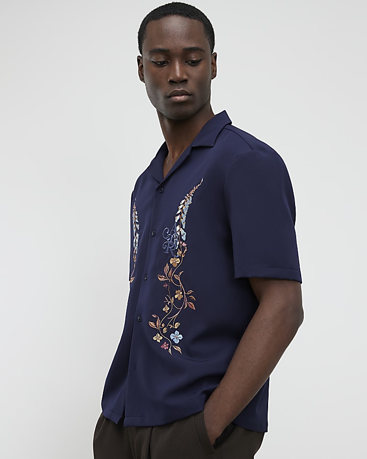 Navy Regular Fit Floral Embroidered Shirt