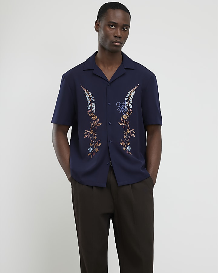 Navy Regular Fit Floral Embroidered Shirt