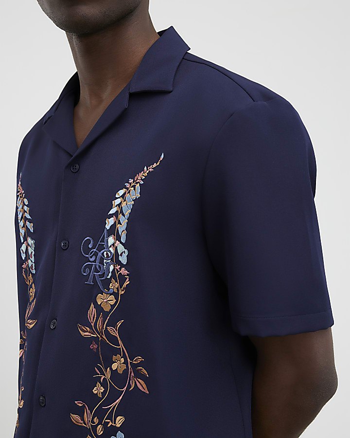 Navy Regular Fit Floral Embroidered Shirt